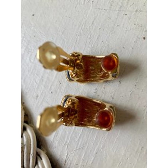 St John earrings black enamel and gold clip ons